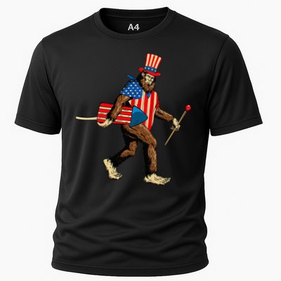 Bigfoot Fireworks 4th of July Sasquatch American Flag Performance Shirt
