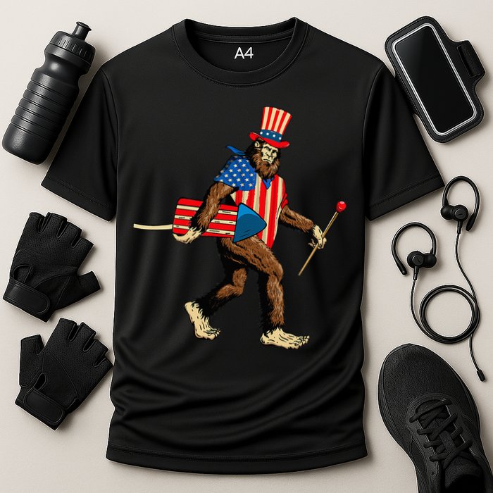 Bigfoot Fireworks 4th of July Sasquatch American Flag Cooling Performance Crew T-Shirt