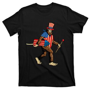 Bigfoot Fireworks 4th of July Sasquatch American Flag T-Shirt