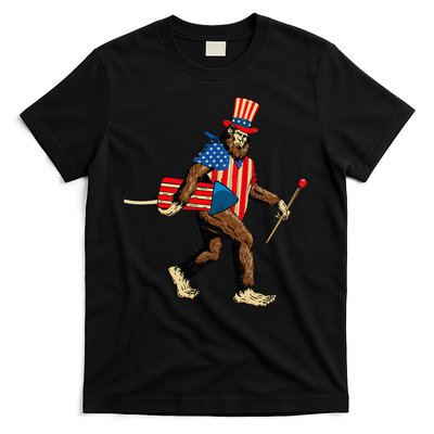 Bigfoot Fireworks 4th of July Sasquatch American Flag T-Shirt