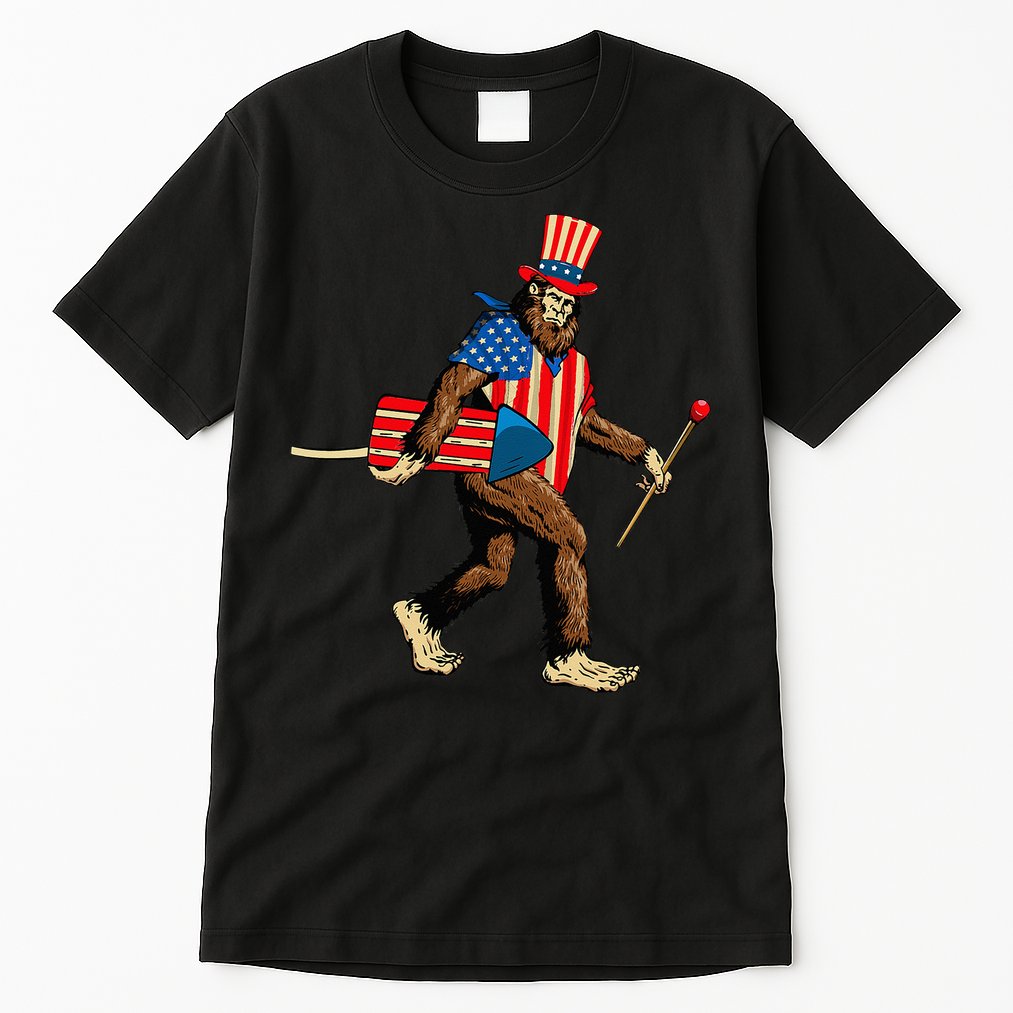 Bigfoot Fireworks 4th of July Sasquatch American Flag Tall T-Shirt