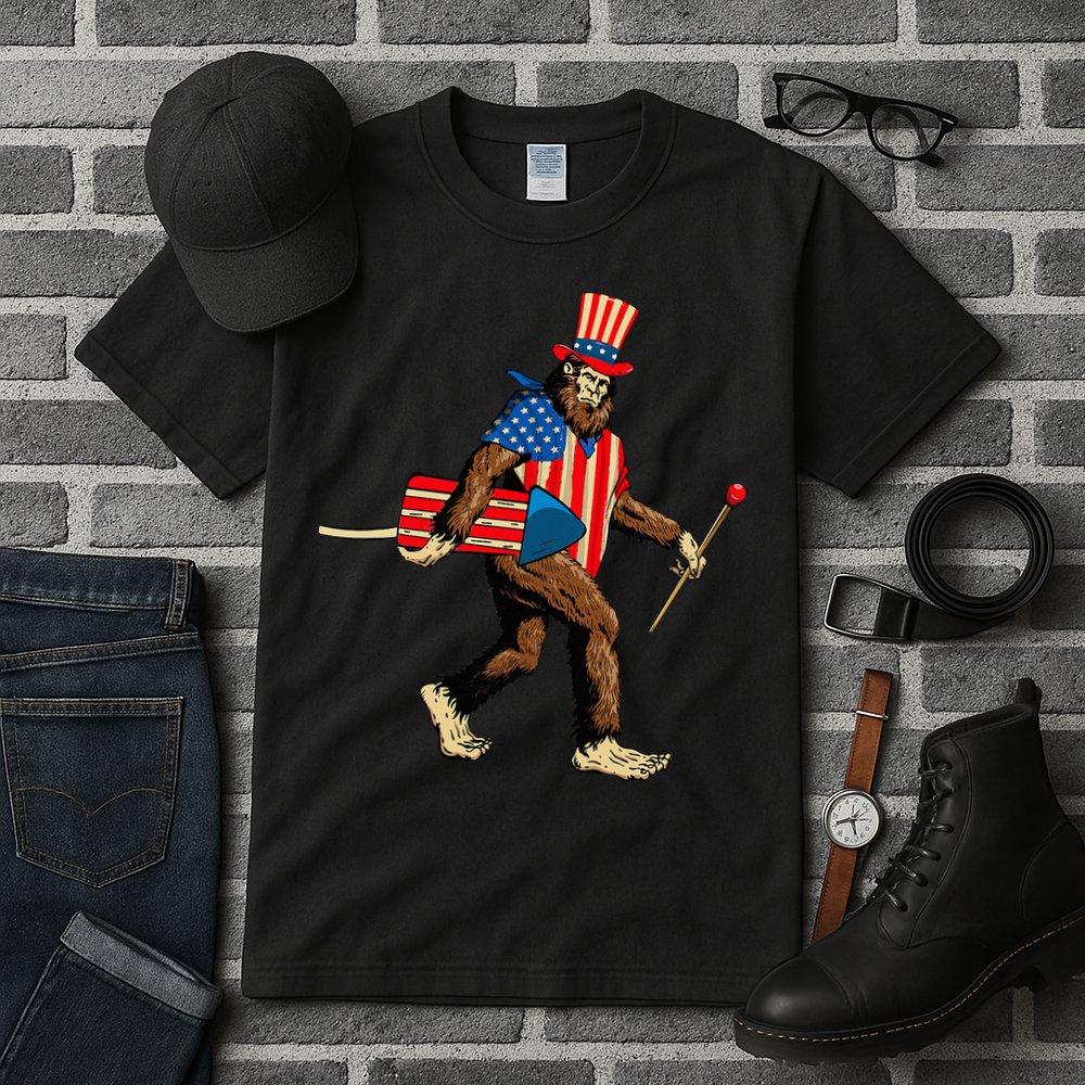Bigfoot Fireworks 4th of July Sasquatch American Flag Tall T-Shirt