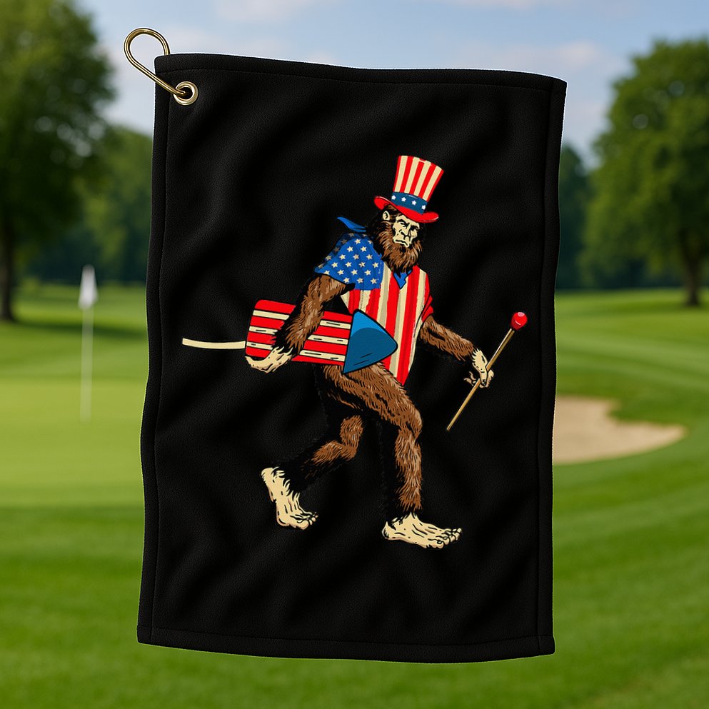 Bigfoot Fireworks 4th of July Sasquatch American Flag Golf Towel