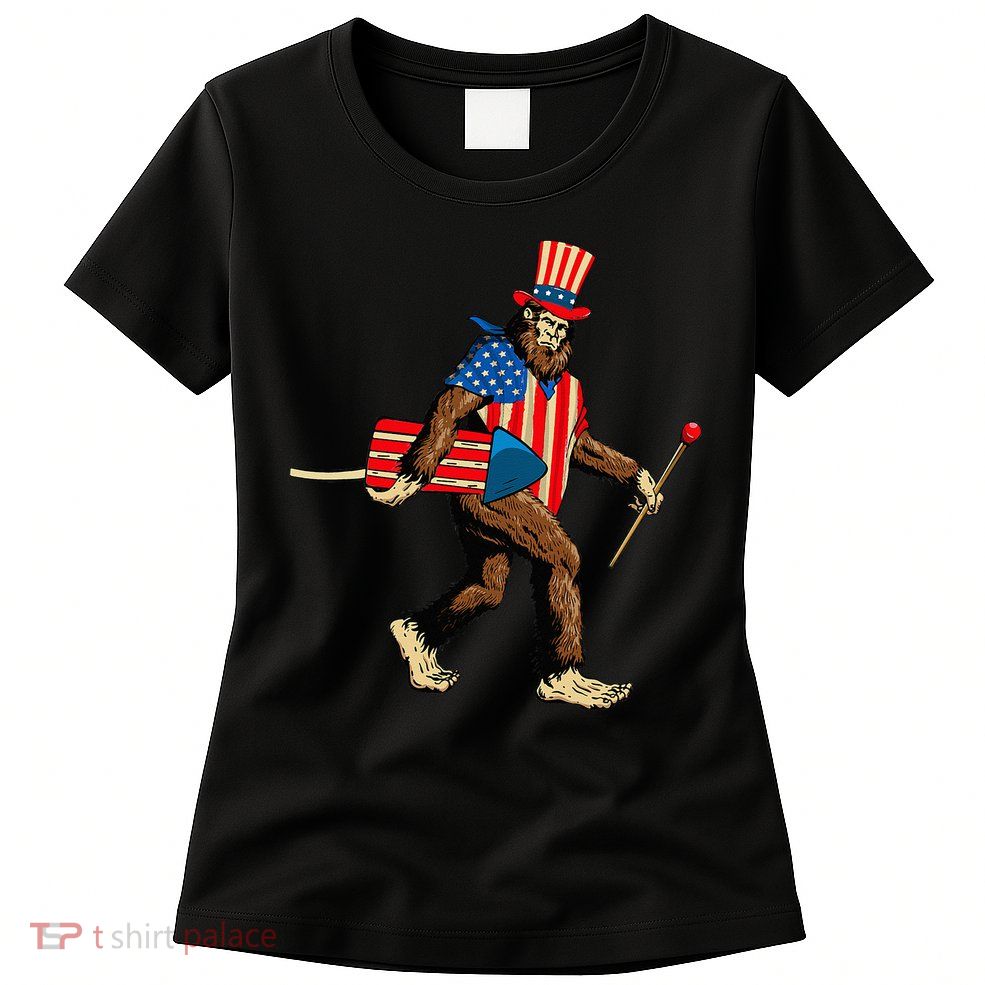 Bigfoot Fireworks 4th of July Sasquatch American Flag Womens T-Shirt