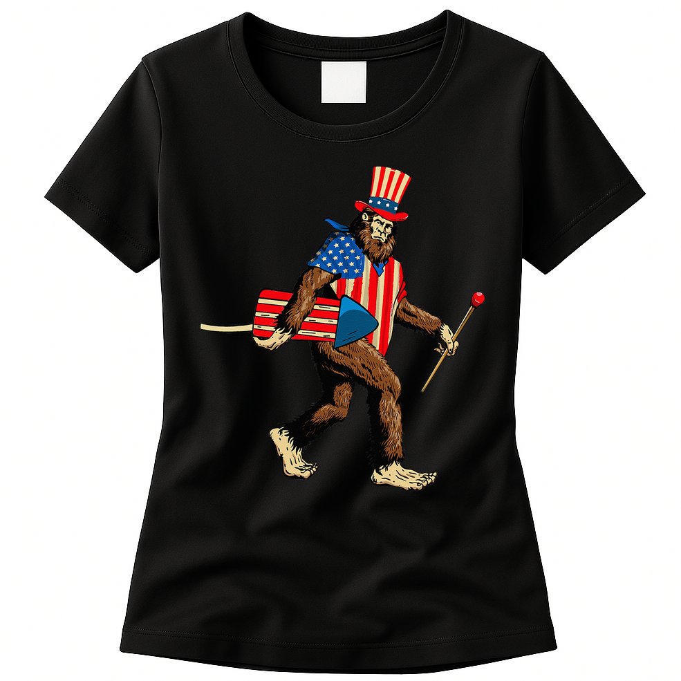 Bigfoot Fireworks 4th of July Sasquatch American Flag Womens T-Shirt