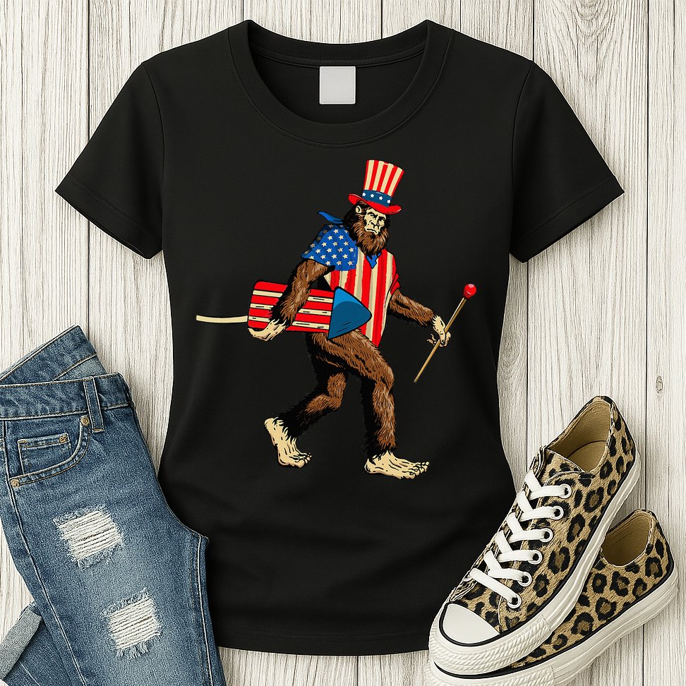 Bigfoot Fireworks 4th of July Sasquatch American Flag Womens T-Shirt
