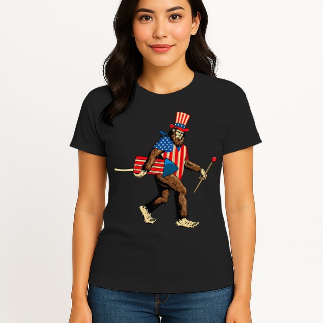 Bigfoot Fireworks 4th of July Sasquatch American Flag Womens T-Shirt
