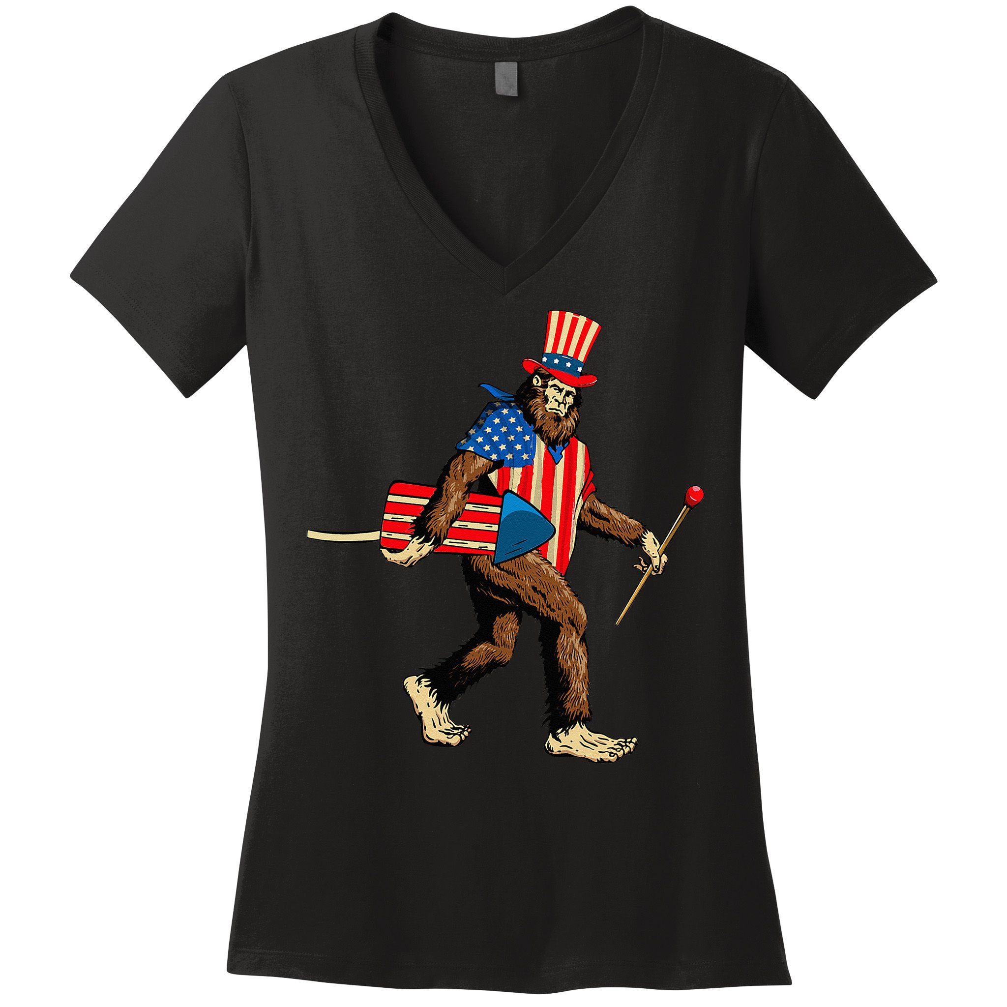 Bigfoot Fireworks 4th of July Sasquatch American Flag Women's V-Neck T-Shirt