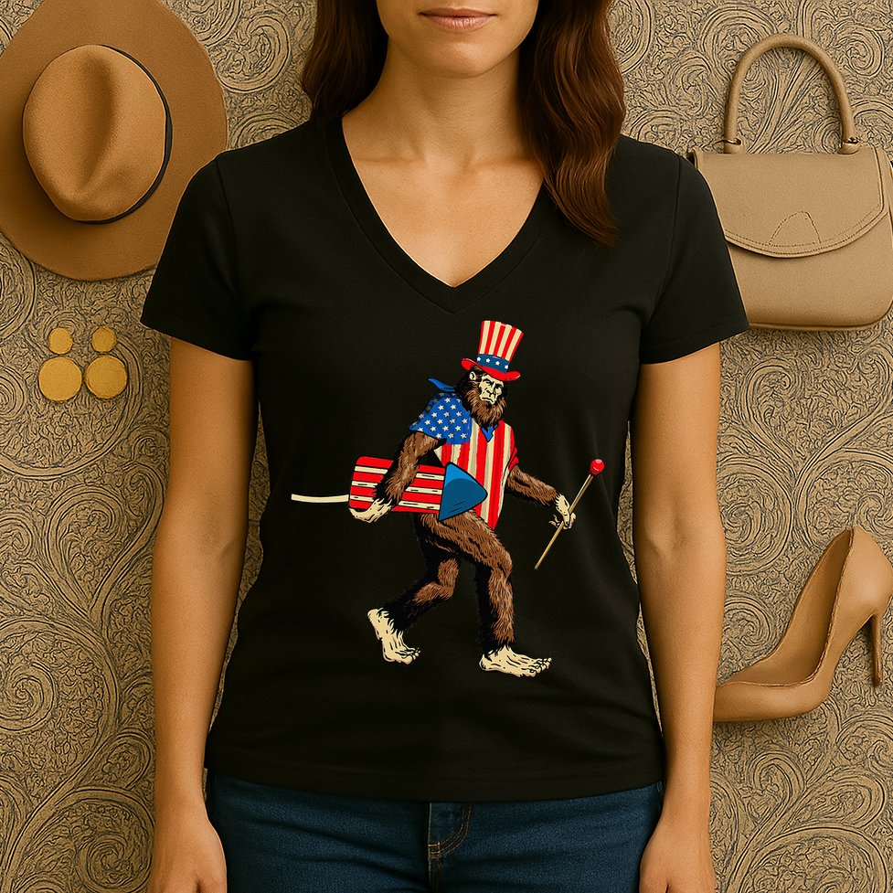 Bigfoot Fireworks 4th of July Sasquatch American Flag Women's V-Neck T-Shirt
