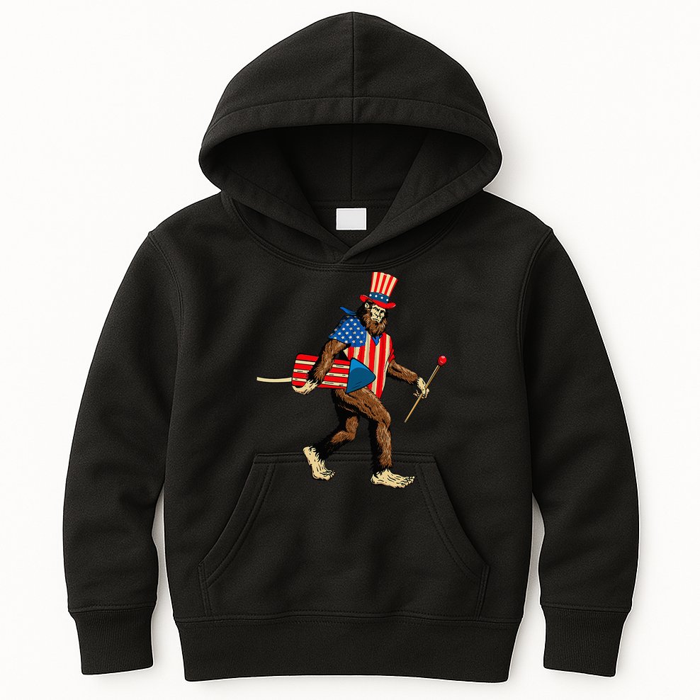 Bigfoot Fireworks 4th of July Sasquatch American Flag Kids Hoodie