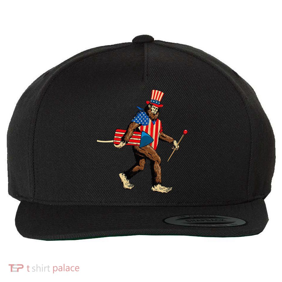Bigfoot Fireworks 4th of July Sasquatch American Flag Wool Snapback Cap