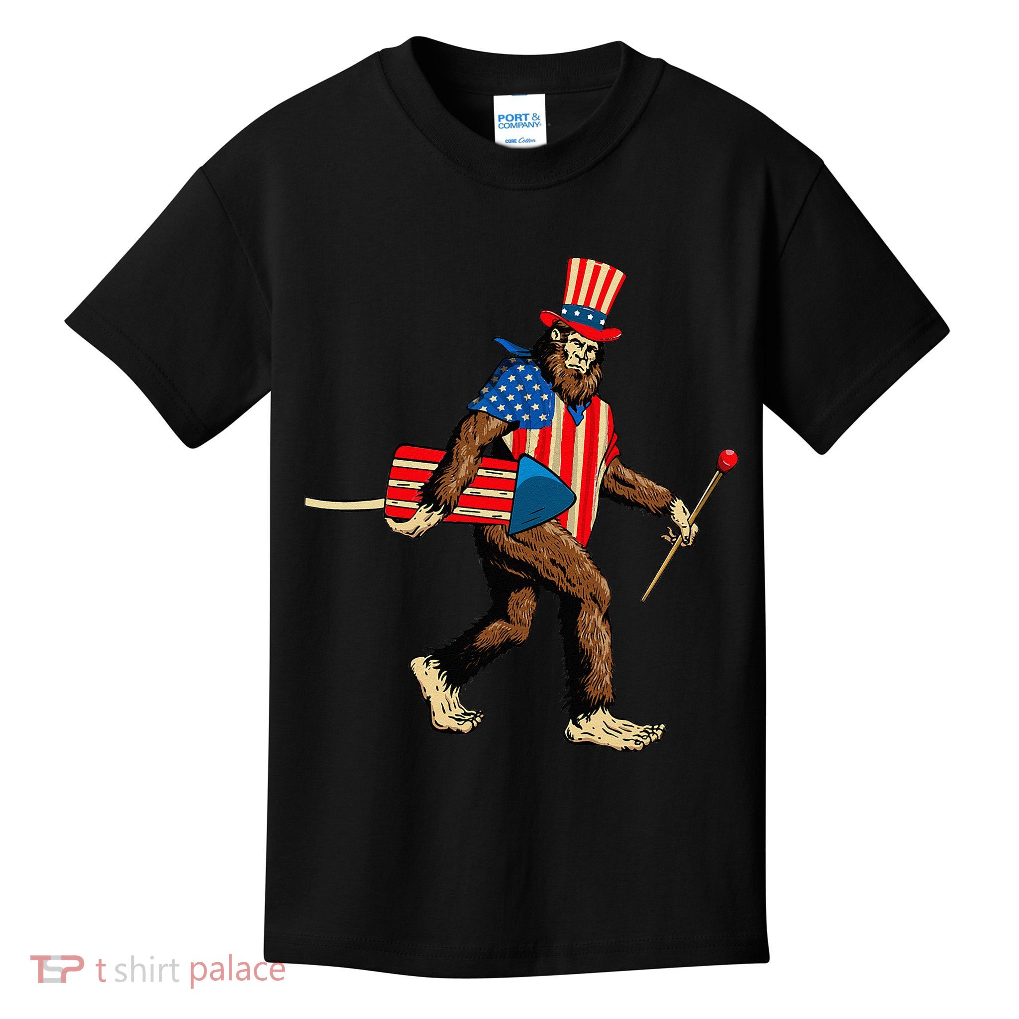 Bigfoot Fireworks 4th of July Sasquatch American Flag Kids T-Shirt