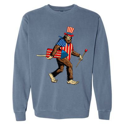 Bigfoot Fireworks 4th of July Sasquatch American Flag Garment-Dyed Sweatshirt
