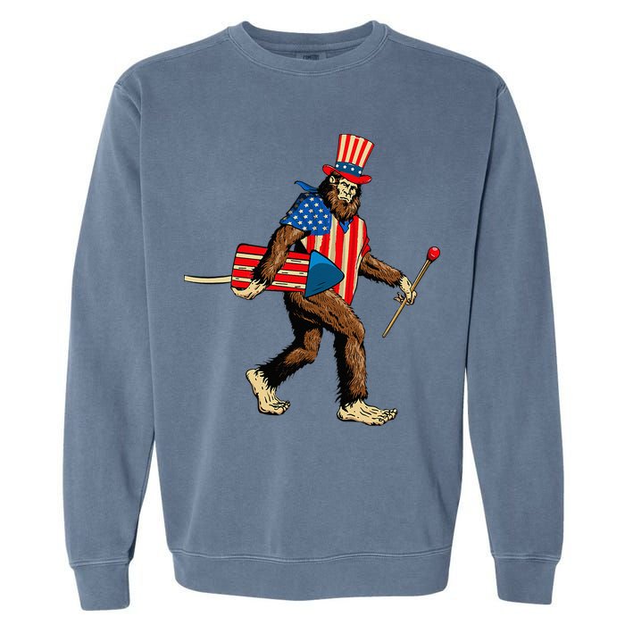 Bigfoot Fireworks 4th of July Sasquatch American Flag Garment-Dyed Sweatshirt
