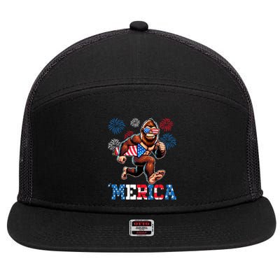 Bigfoot Fireworks 4th Of July Men Sasquatch American Flag 7 Panel Mesh Trucker Snapback Hat