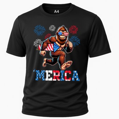 Bigfoot Fireworks 4th Of July Men Sasquatch American Flag Performance Shirt