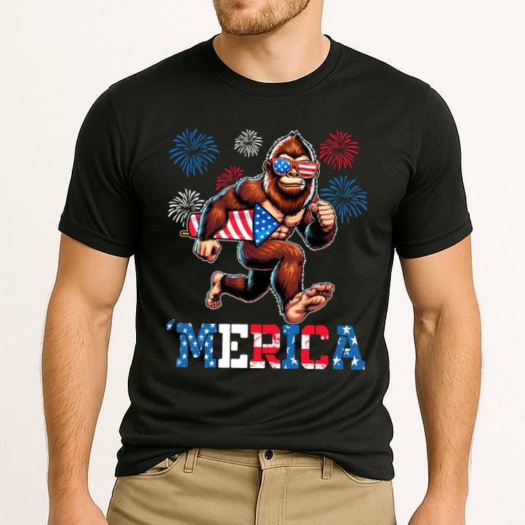 Bigfoot Fireworks 4th Of July Men Sasquatch American Flag Performance Shirt