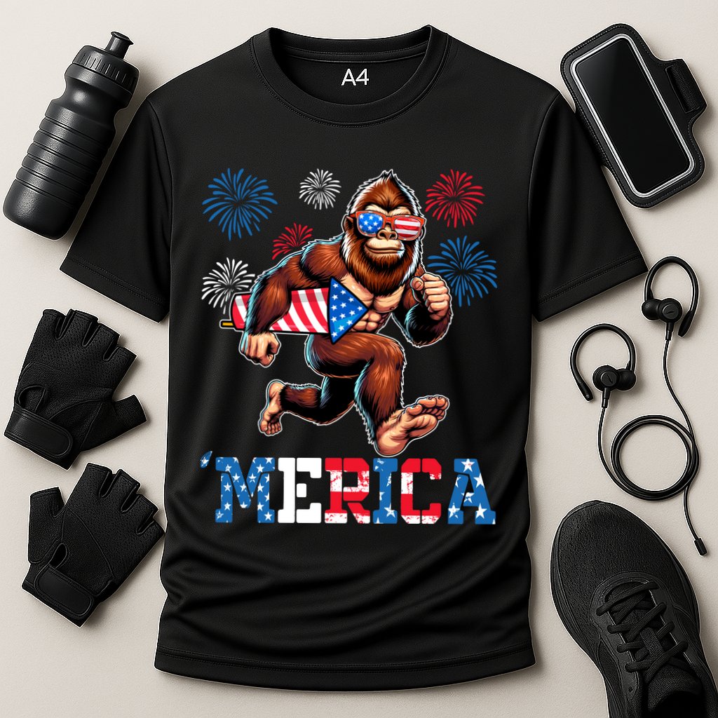 Bigfoot Fireworks 4th Of July Men Sasquatch American Flag Performance Shirt