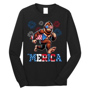 Bigfoot Fireworks 4th Of July Men Sasquatch American Flag Long Sleeve Shirt