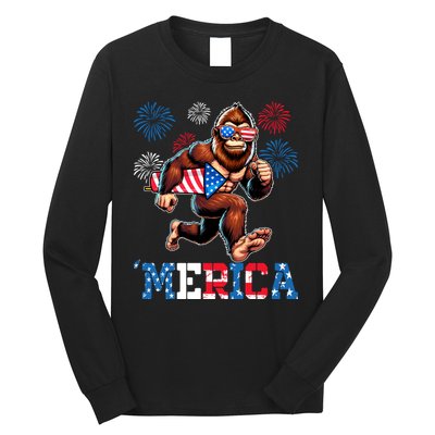 Bigfoot Fireworks 4th Of July Men Sasquatch American Flag Long Sleeve Shirt