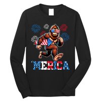 Bigfoot Fireworks 4th Of July Men Sasquatch American Flag Long Sleeve Shirt