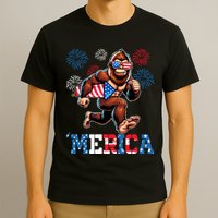 Bigfoot Fireworks 4th Of July Men Sasquatch American Flag T-Shirt
