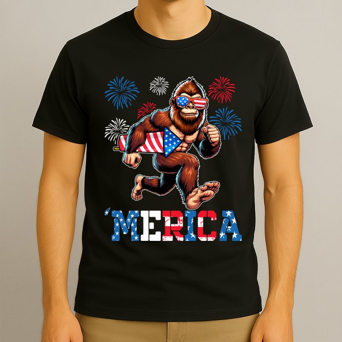 Bigfoot Fireworks 4th Of July Men Sasquatch American Flag T-Shirt