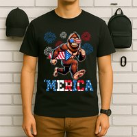 Bigfoot Fireworks 4th Of July Men Sasquatch American Flag T-Shirt