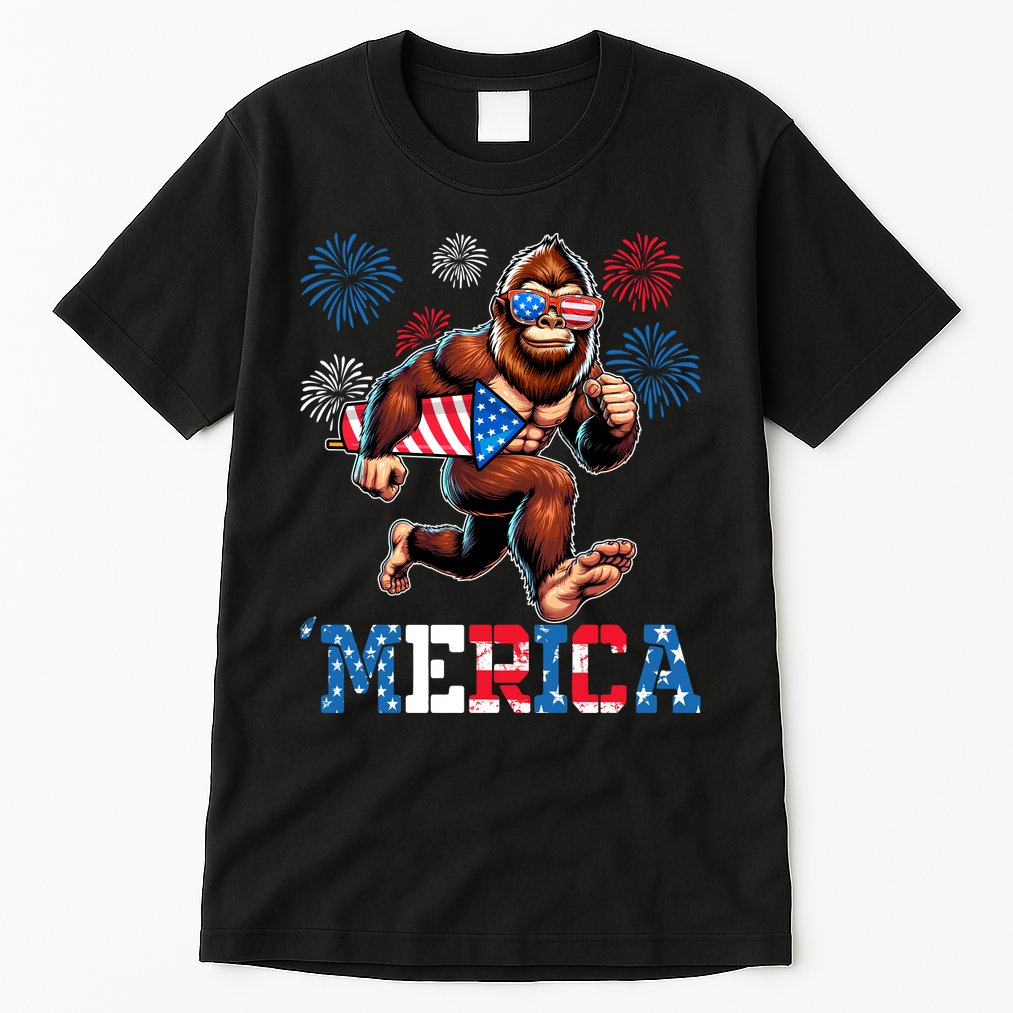 Bigfoot Fireworks 4th Of July Men Sasquatch American Flag Tall T-Shirt