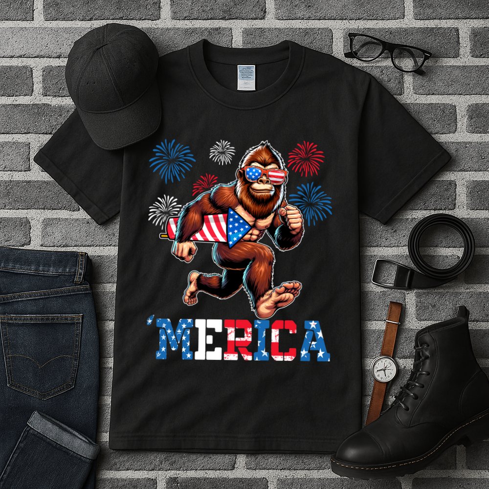 Bigfoot Fireworks 4th Of July Men Sasquatch American Flag Tall T-Shirt