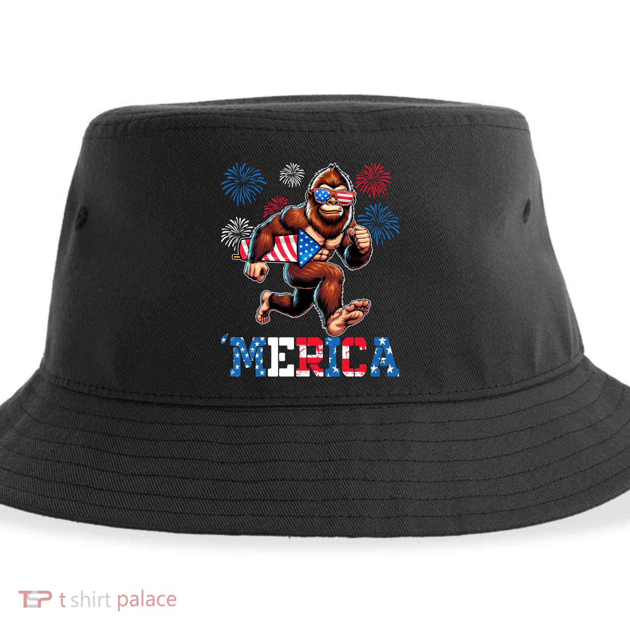 Bigfoot Fireworks 4th Of July Men Sasquatch American Flag Sustainable Bucket Hat