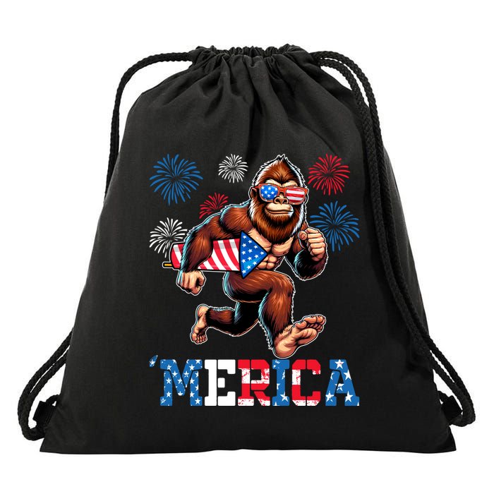Bigfoot Fireworks 4th Of July Men Sasquatch American Flag Drawstring Bag