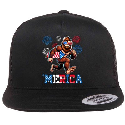 Bigfoot Fireworks 4th Of July Men Sasquatch American Flag Flatbill Hat