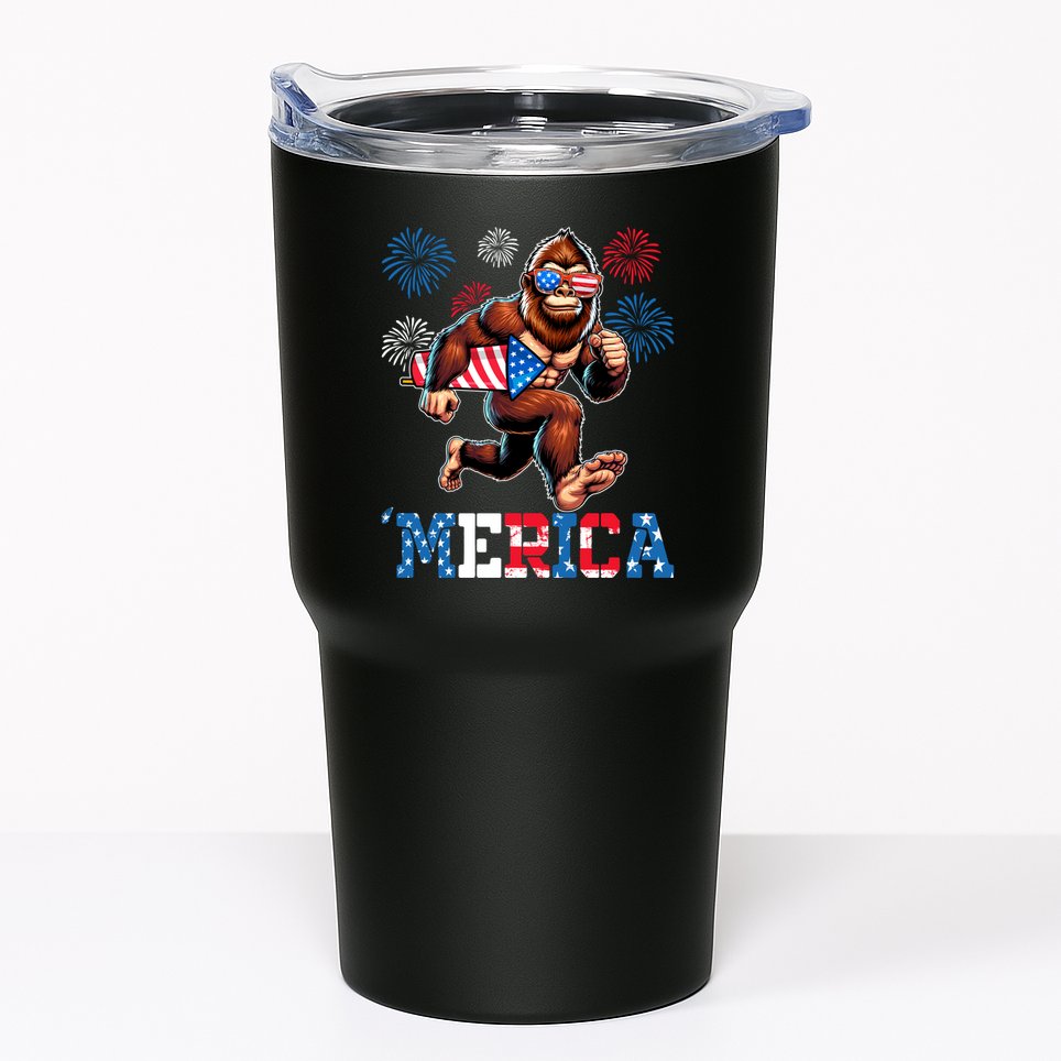 Bigfoot Fireworks 4th Of July Men Sasquatch American Flag Tumbler