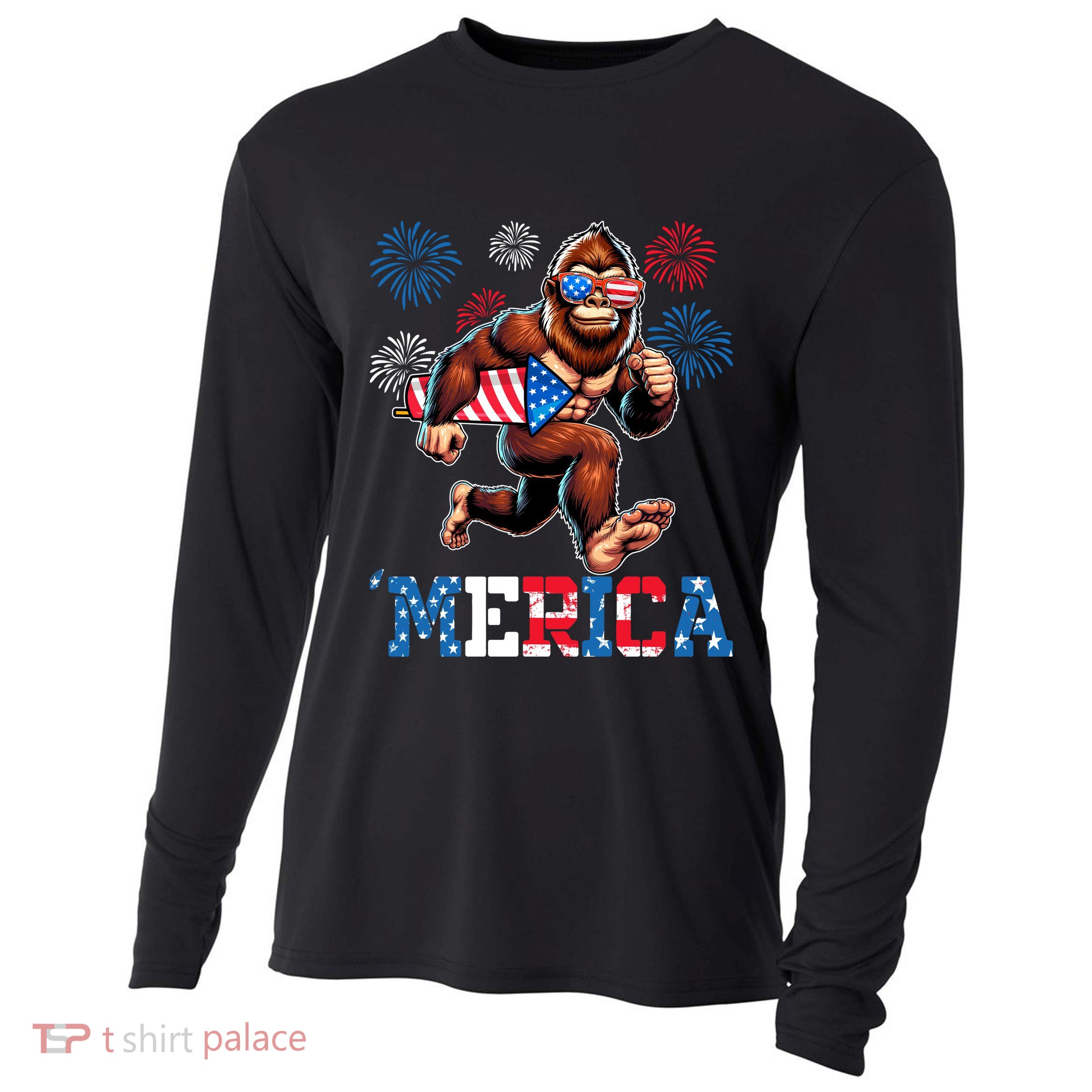 Bigfoot Fireworks 4th Of July Men Sasquatch American Flag Cooling Performance Long Sleeve Crew