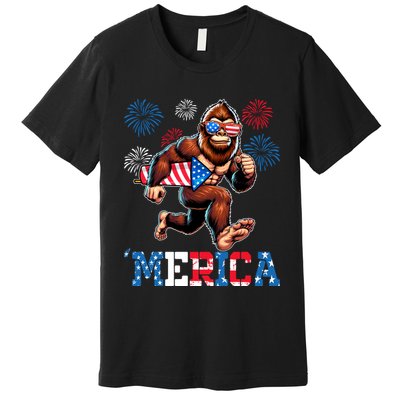 Bigfoot Fireworks 4th Of July Men Sasquatch American Flag Premium T-Shirt