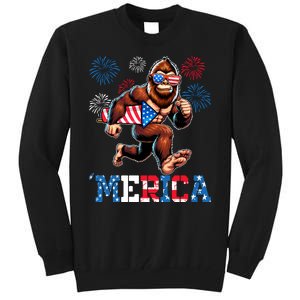 Bigfoot Fireworks 4th Of July Men Sasquatch American Flag Tall Sweatshirt