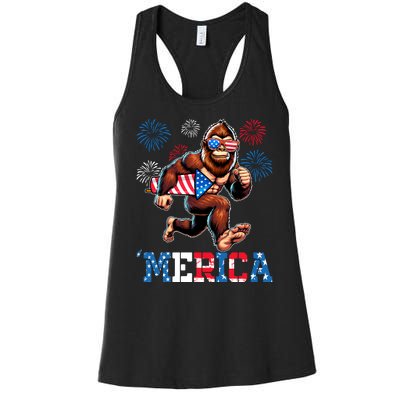 Bigfoot Fireworks 4th Of July Men Sasquatch American Flag Women's Racerback Tank