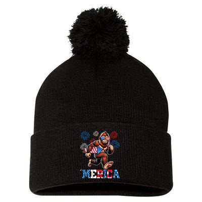 Bigfoot Fireworks 4th Of July Men Sasquatch American Flag Pom Pom 12in Knit Beanie