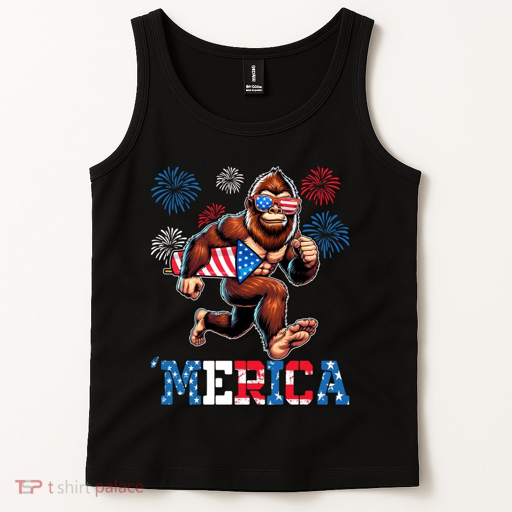 Bigfoot Fireworks 4th Of July Men Sasquatch American Flag Tank Top