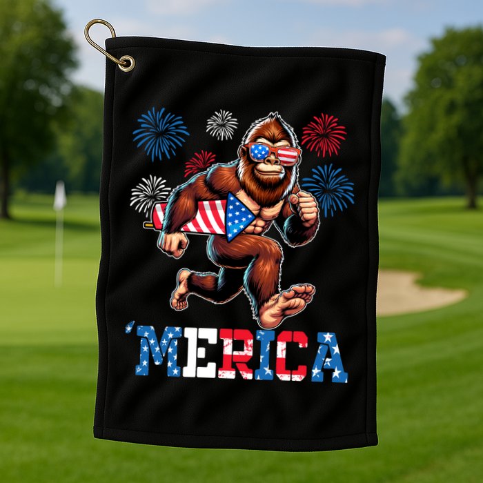 Bigfoot Fireworks 4th Of July Men Sasquatch American Flag Golf Towel