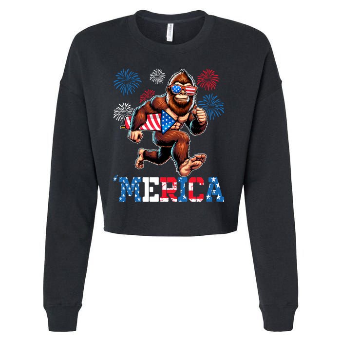 Bigfoot Fireworks 4th Of July Men Sasquatch American Flag Cropped Pullover Crew