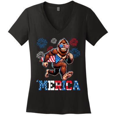 Bigfoot Fireworks 4th Of July Men Sasquatch American Flag Women's V-Neck T-Shirt