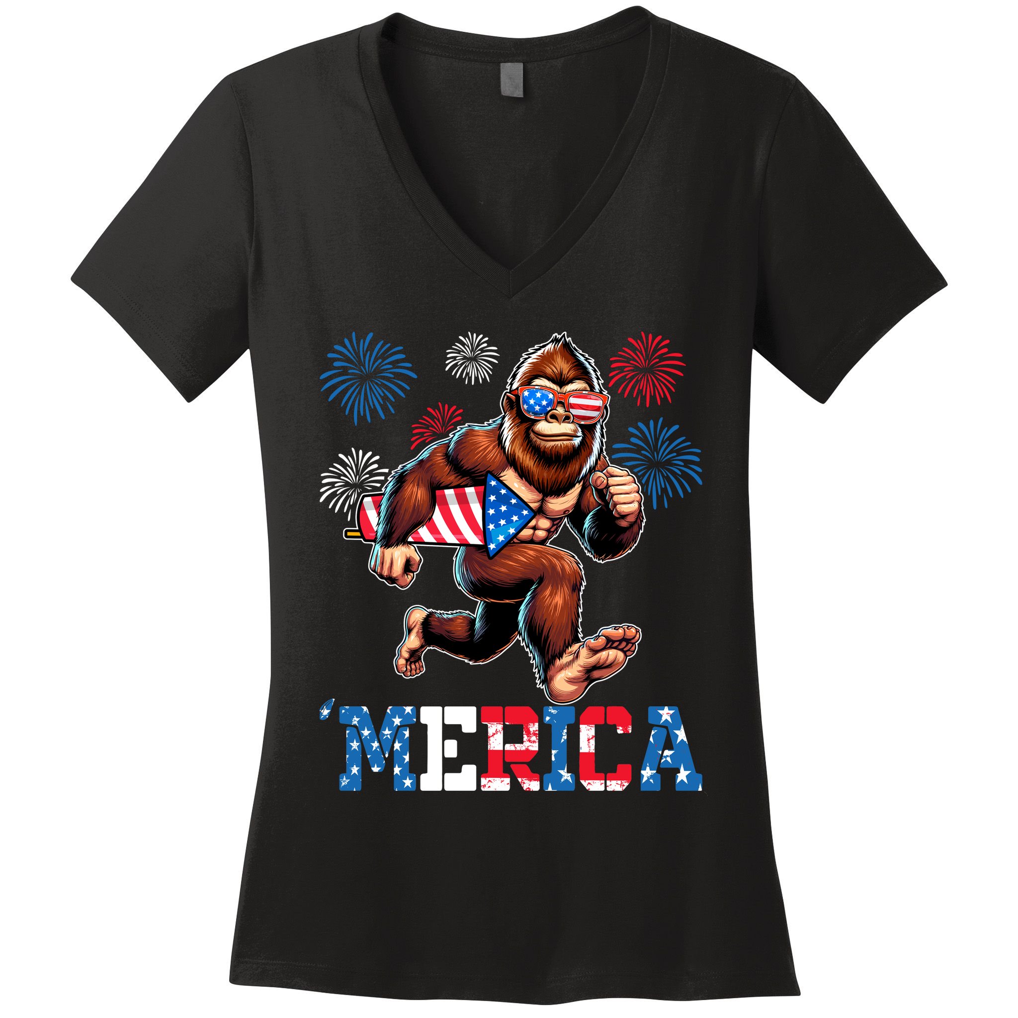 Bigfoot Fireworks 4th Of July Men Sasquatch American Flag Women's V-Neck T-Shirt