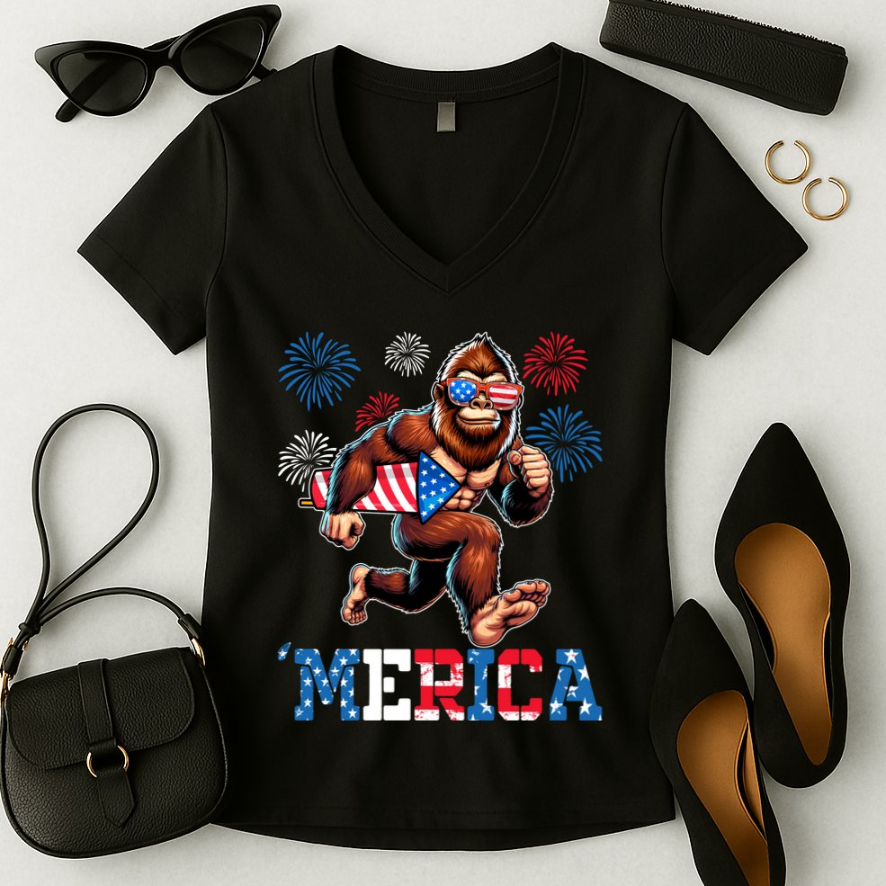 Bigfoot Fireworks 4th Of July Men Sasquatch American Flag Women's V-Neck T-Shirt