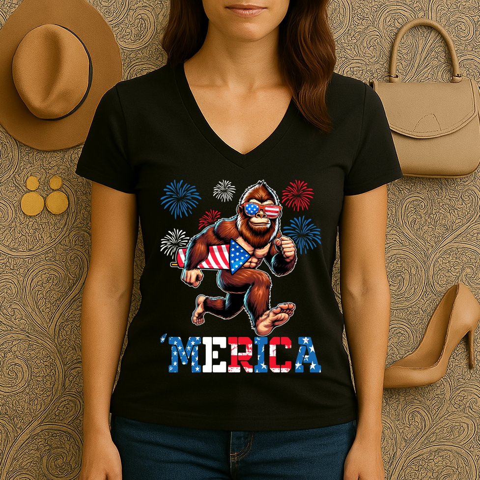 Bigfoot Fireworks 4th Of July Men Sasquatch American Flag Women's V-Neck T-Shirt