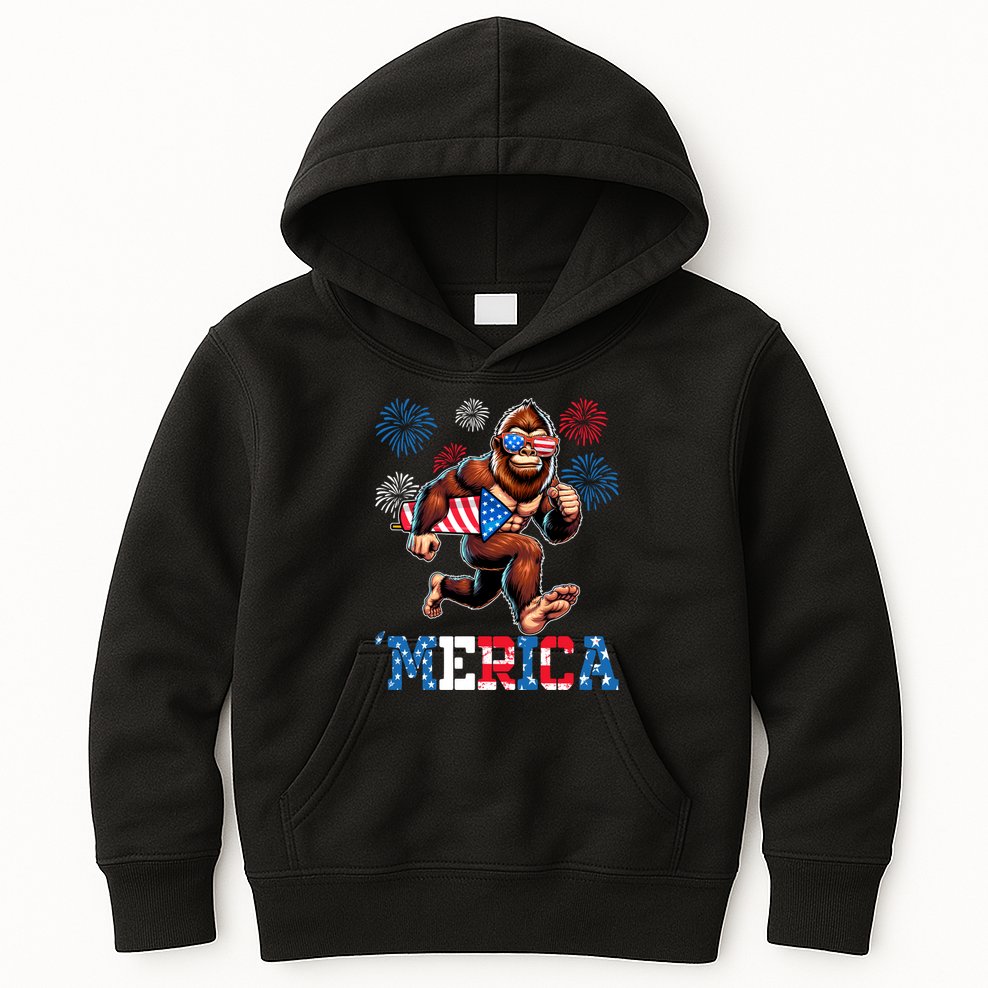 Bigfoot Fireworks 4th Of July Men Sasquatch American Flag Kids Hoodie
