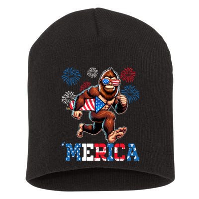 Bigfoot Fireworks 4th Of July Men Sasquatch American Flag Short Acrylic Beanie