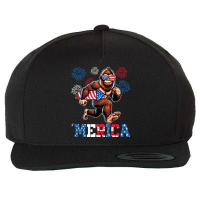 Bigfoot Fireworks 4th Of July Men Sasquatch American Flag Wool Snapback Cap