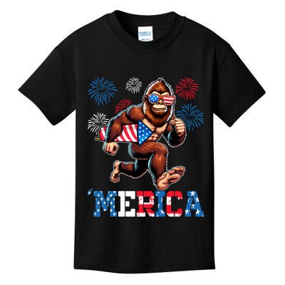 Bigfoot Fireworks 4th Of July Men Sasquatch American Flag Kids T-Shirt